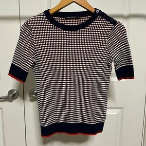 Monoprix - Navy, Red and White Patterned Knit Short Sleeve Top